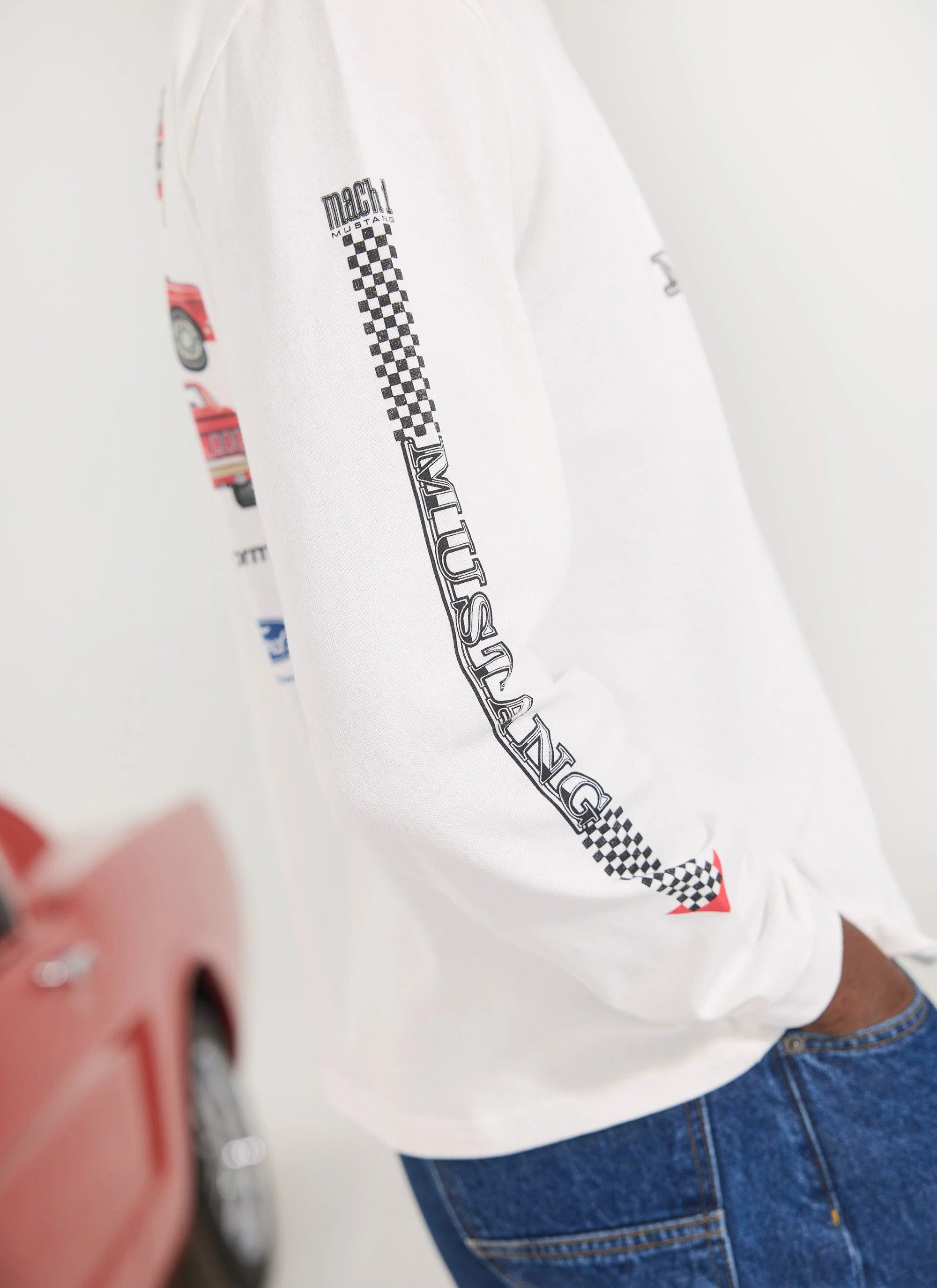 Raceway '69 Mustang Long Sleeve T Shirt | Percival x Ford | White - Image 5