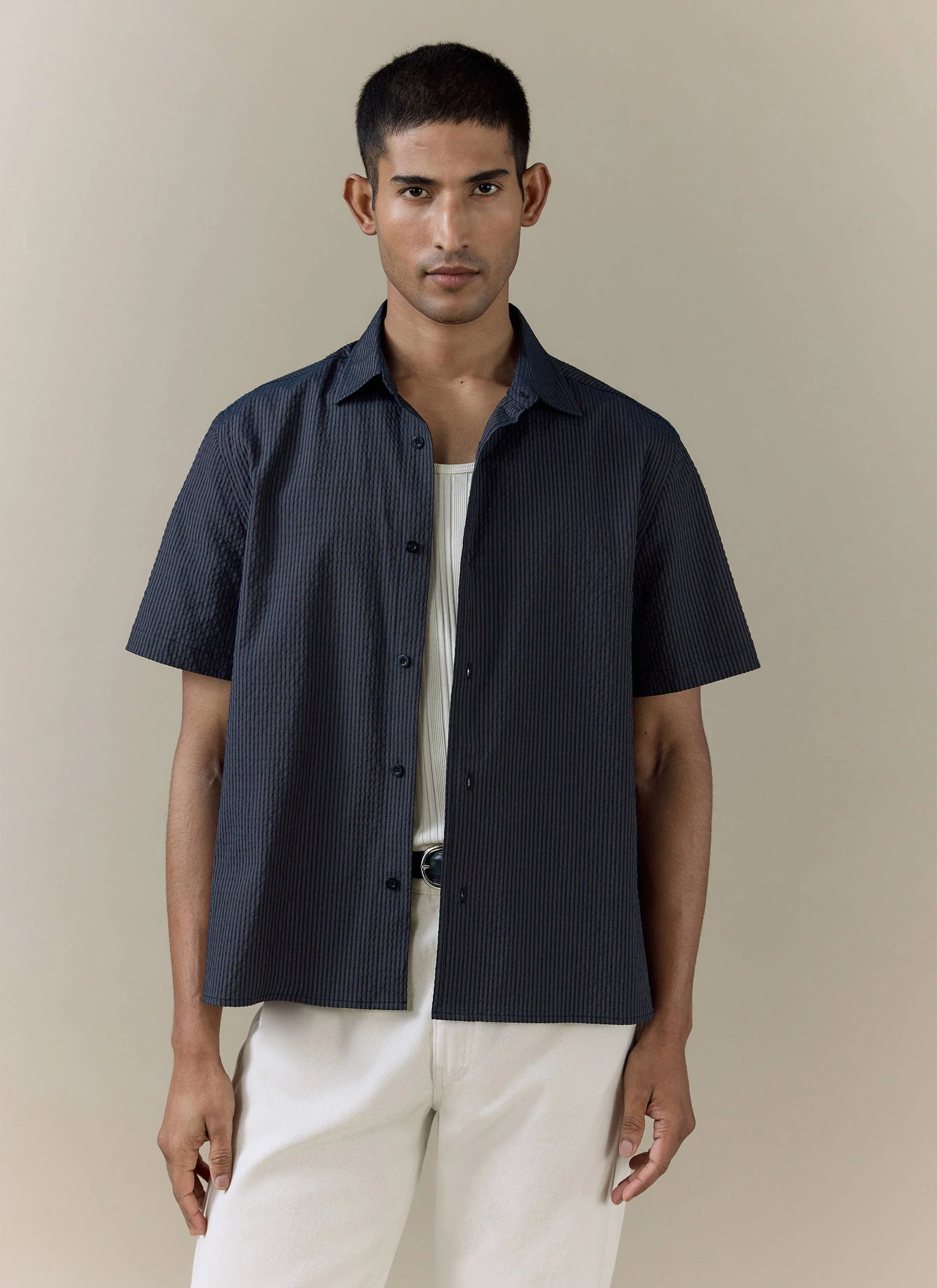 Rowan Seersucker Boxy Shirt | Cotton | Navy Stripe - Image 4