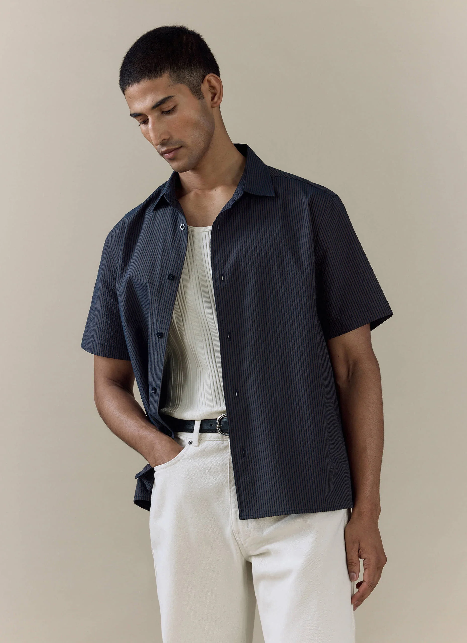 Rowan Seersucker Boxy Shirt | Cotton | Navy Stripe - Image 5