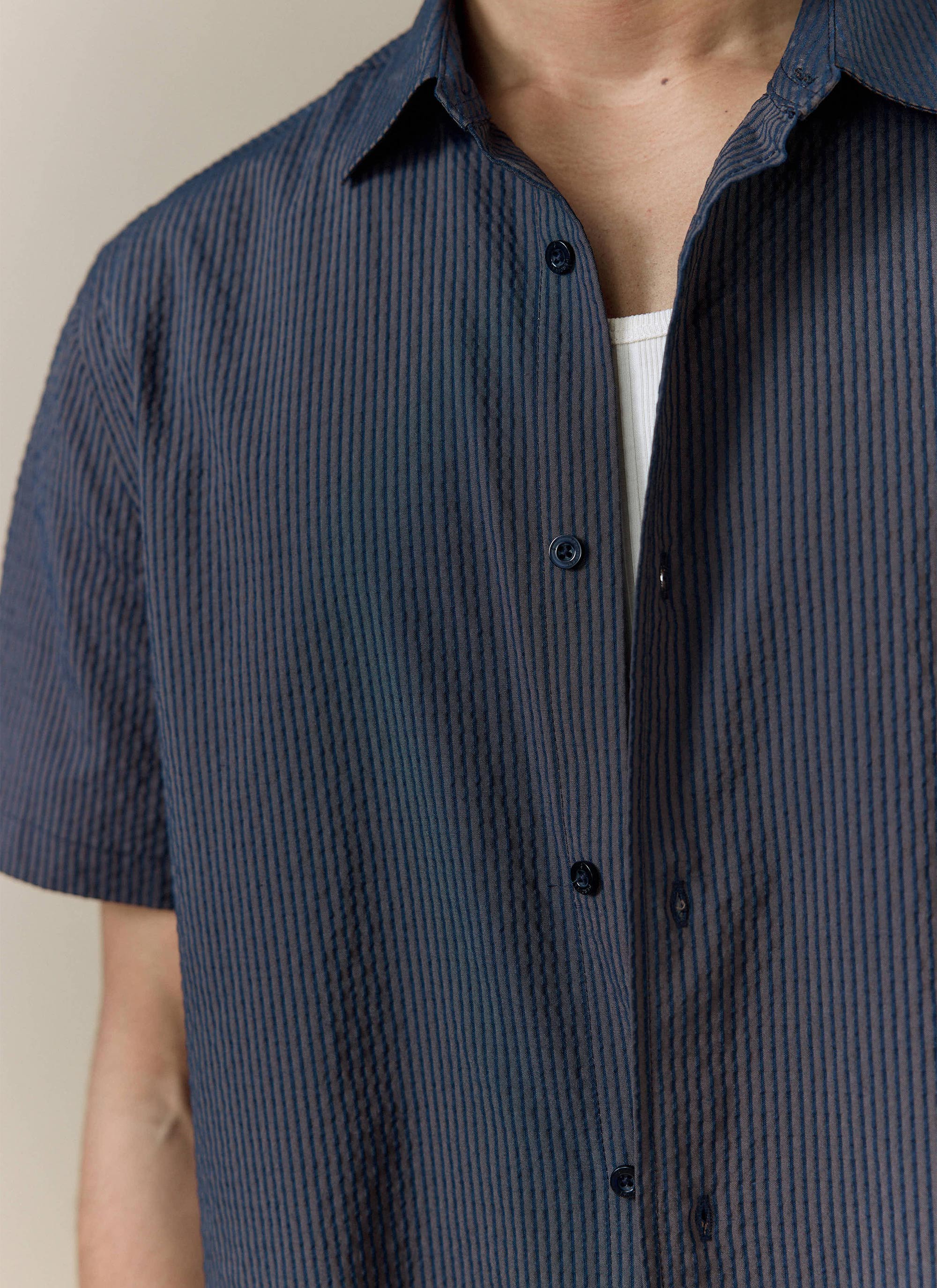 Rowan Seersucker Boxy Shirt | Cotton | Navy Stripe - Image 6