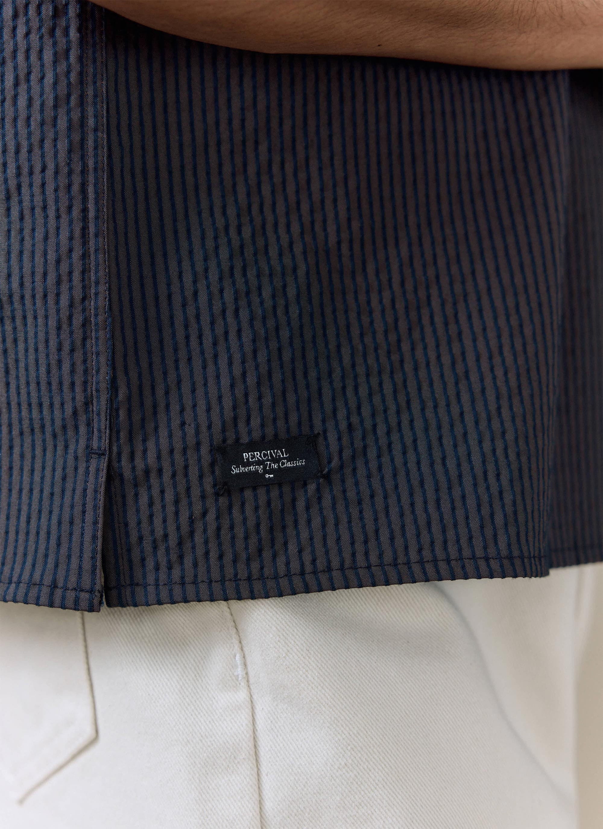 Rowan Seersucker Boxy Shirt | Cotton | Navy Stripe - Image 7