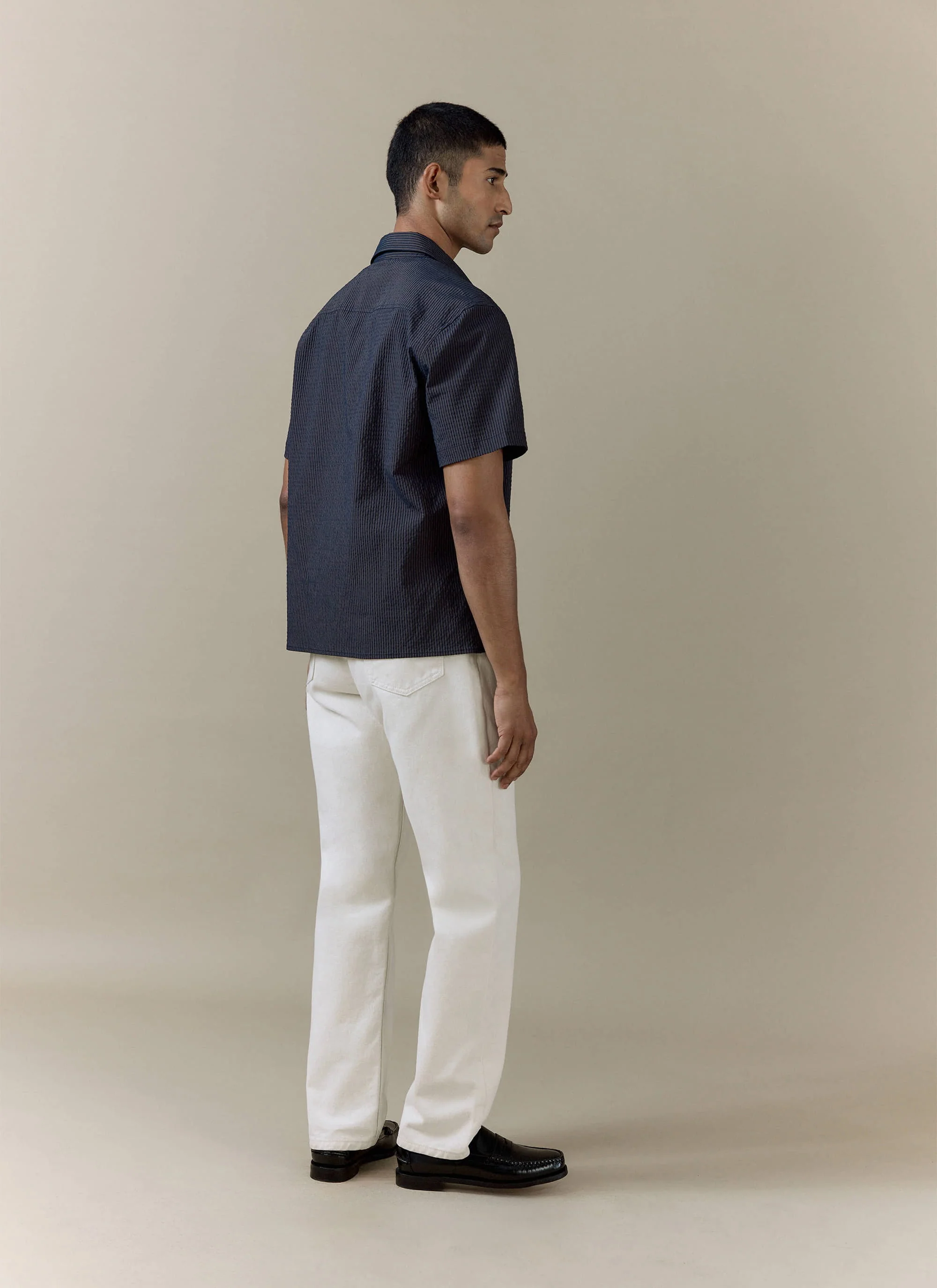 Rowan Seersucker Boxy Shirt | Cotton | Navy Stripe - Image 8