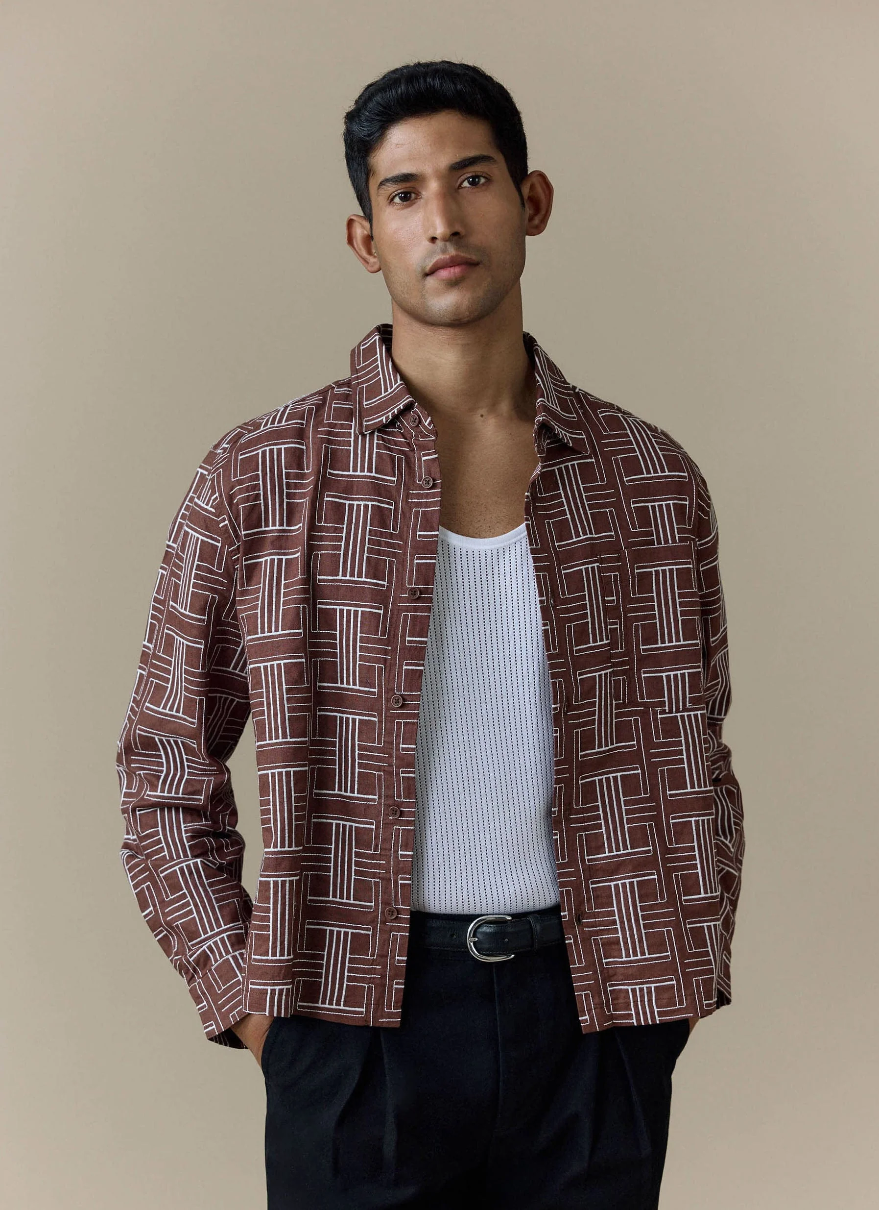 Sashiko Boxy Shirt | Cotton | Brown - Image 4