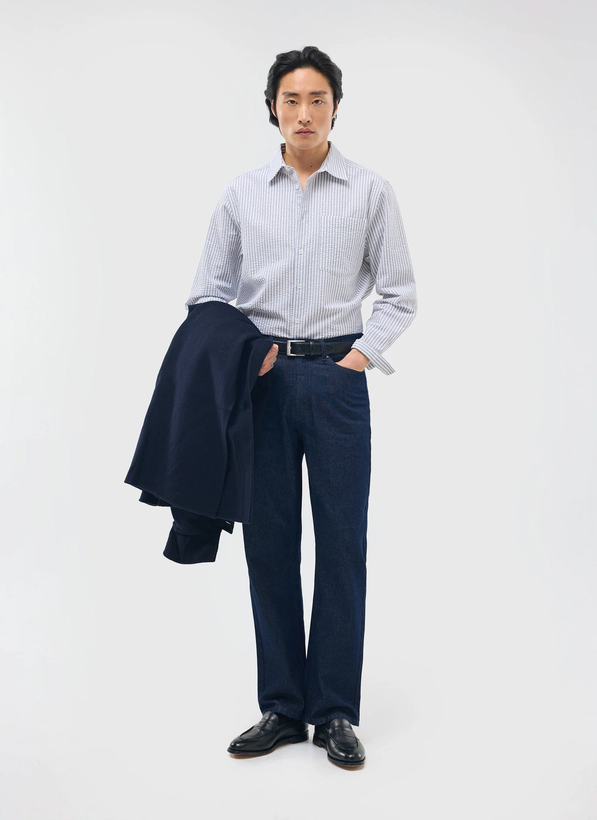 Seersucker Stripe Pearce Shirt | Cotton | Grey - Image 3