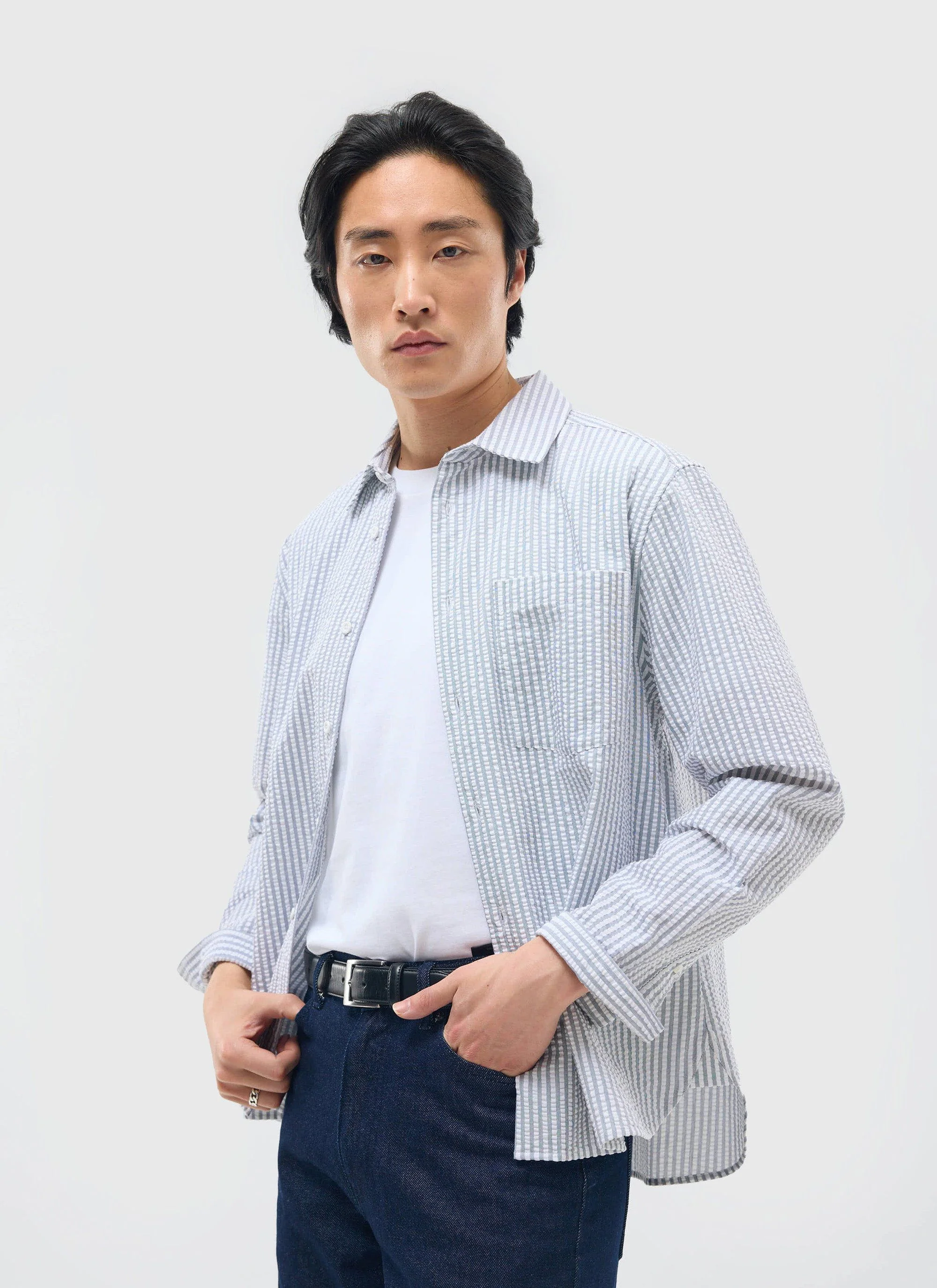 Seersucker Stripe Pearce Shirt | Cotton | Grey - Image 4