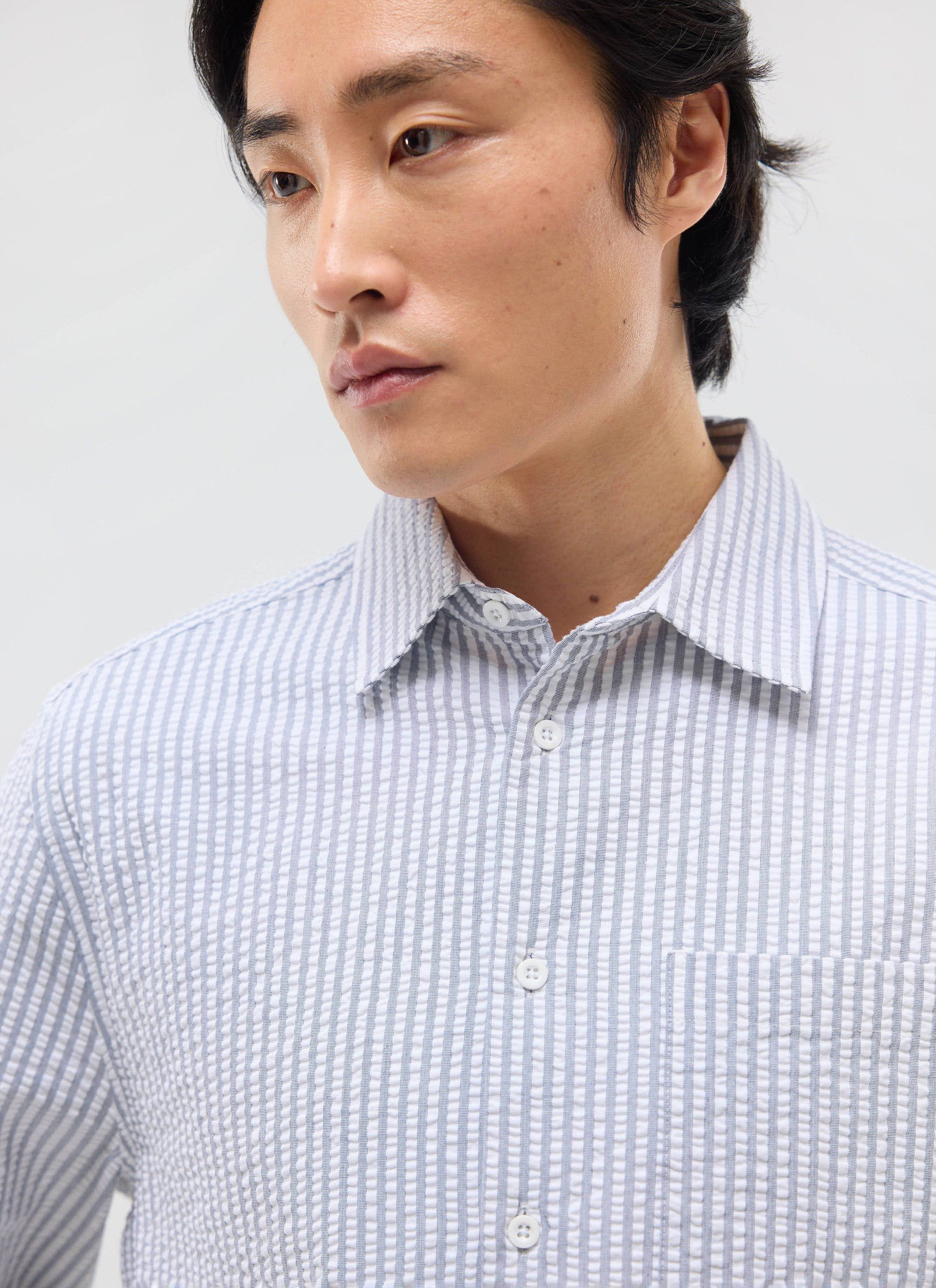 Seersucker Stripe Pearce Shirt | Cotton | Grey - Image 7