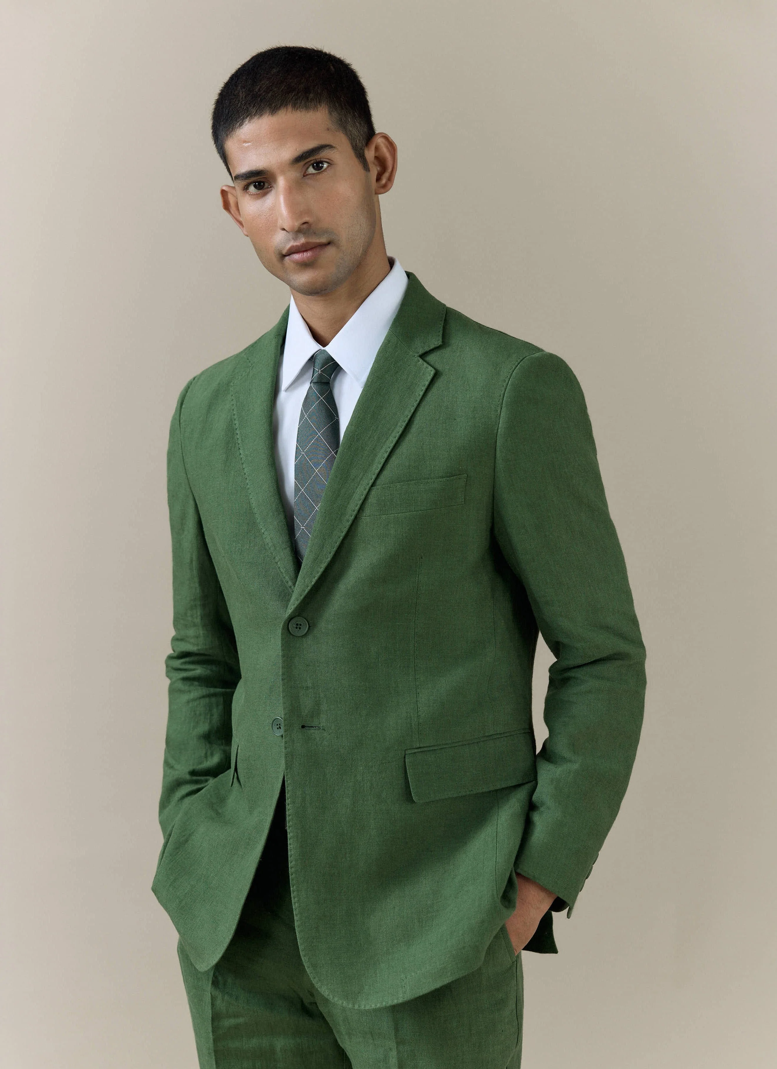 Slim Fit Classic Blazer | Linen | Forest - Image 3