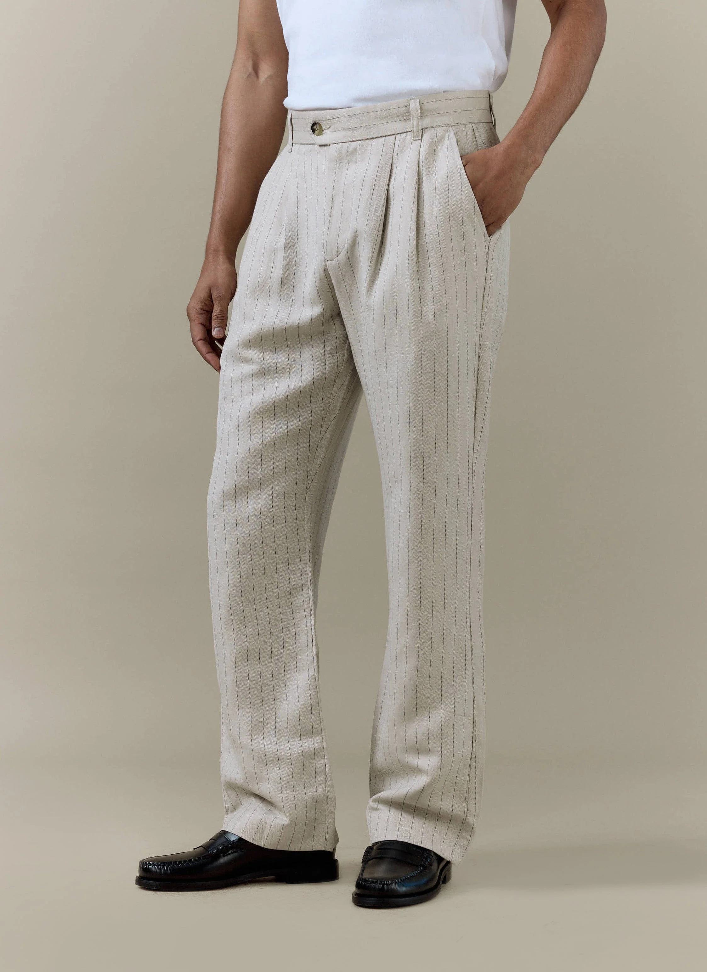 Striped Pleated Tailored Trousers | Linen Blend | Cream - Image 3