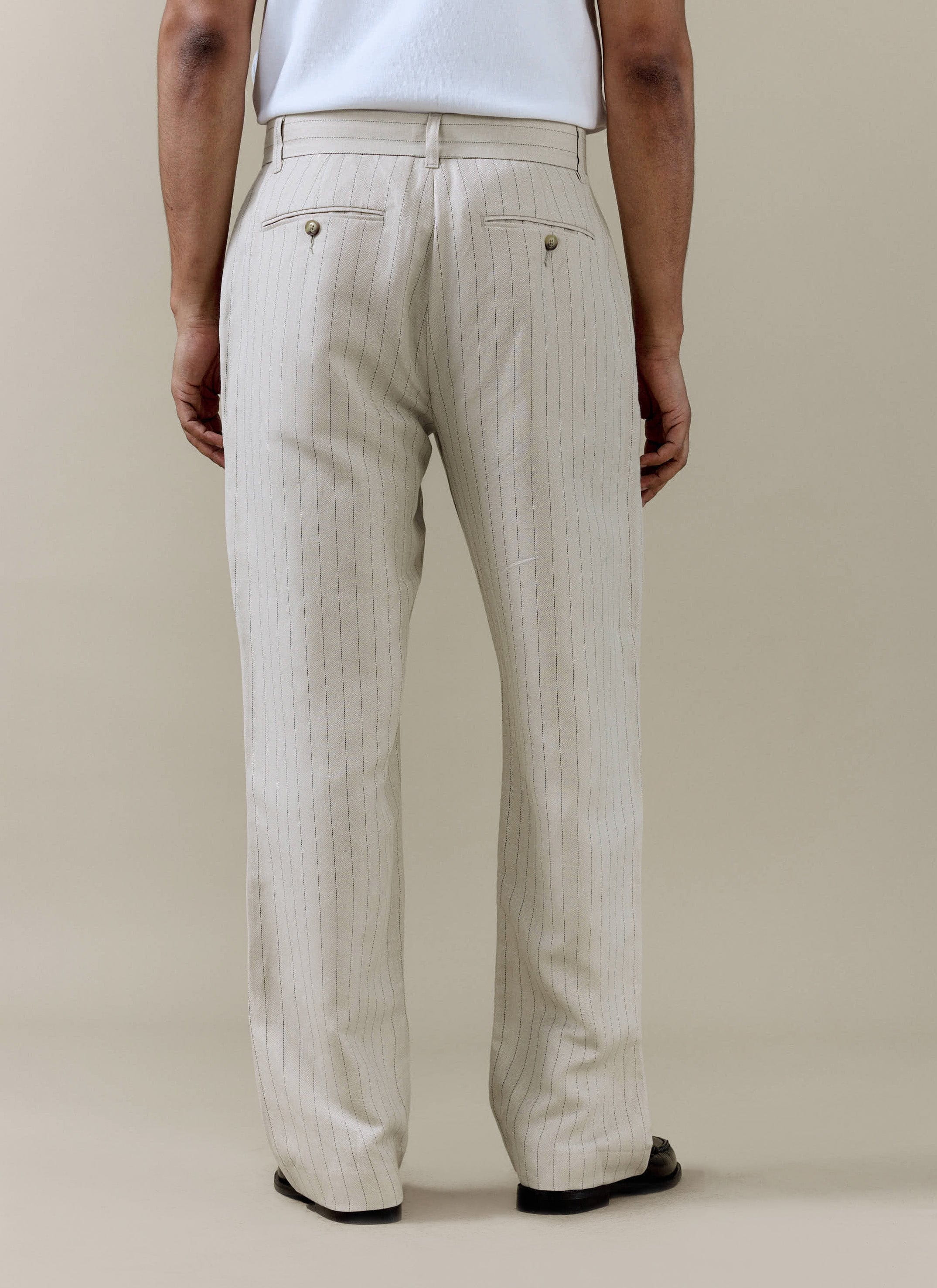 Striped Pleated Tailored Trousers | Linen Blend | Cream - Image 4