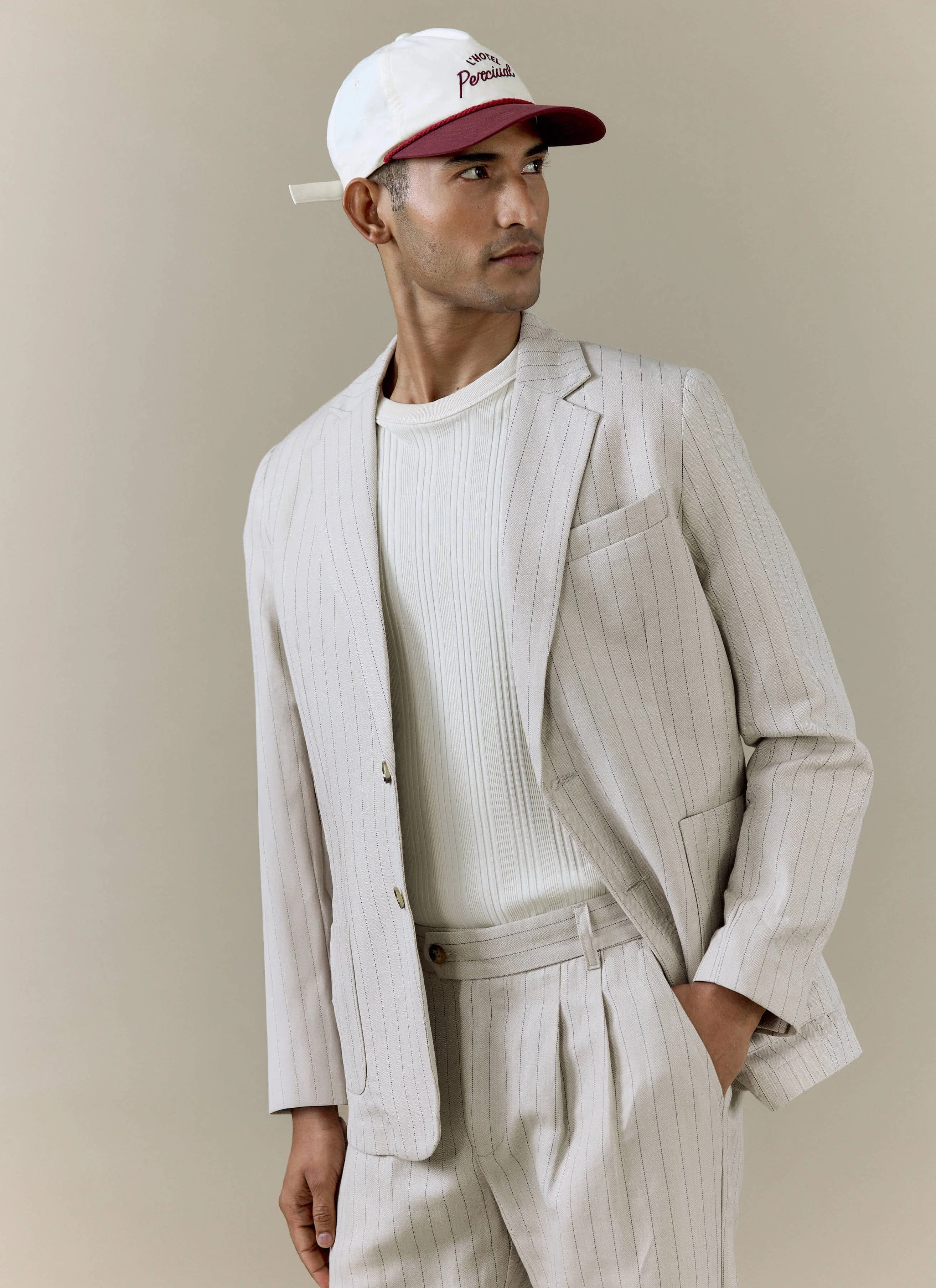 Striped Tailored Blazer | Linen Blend | Cream - Image 4