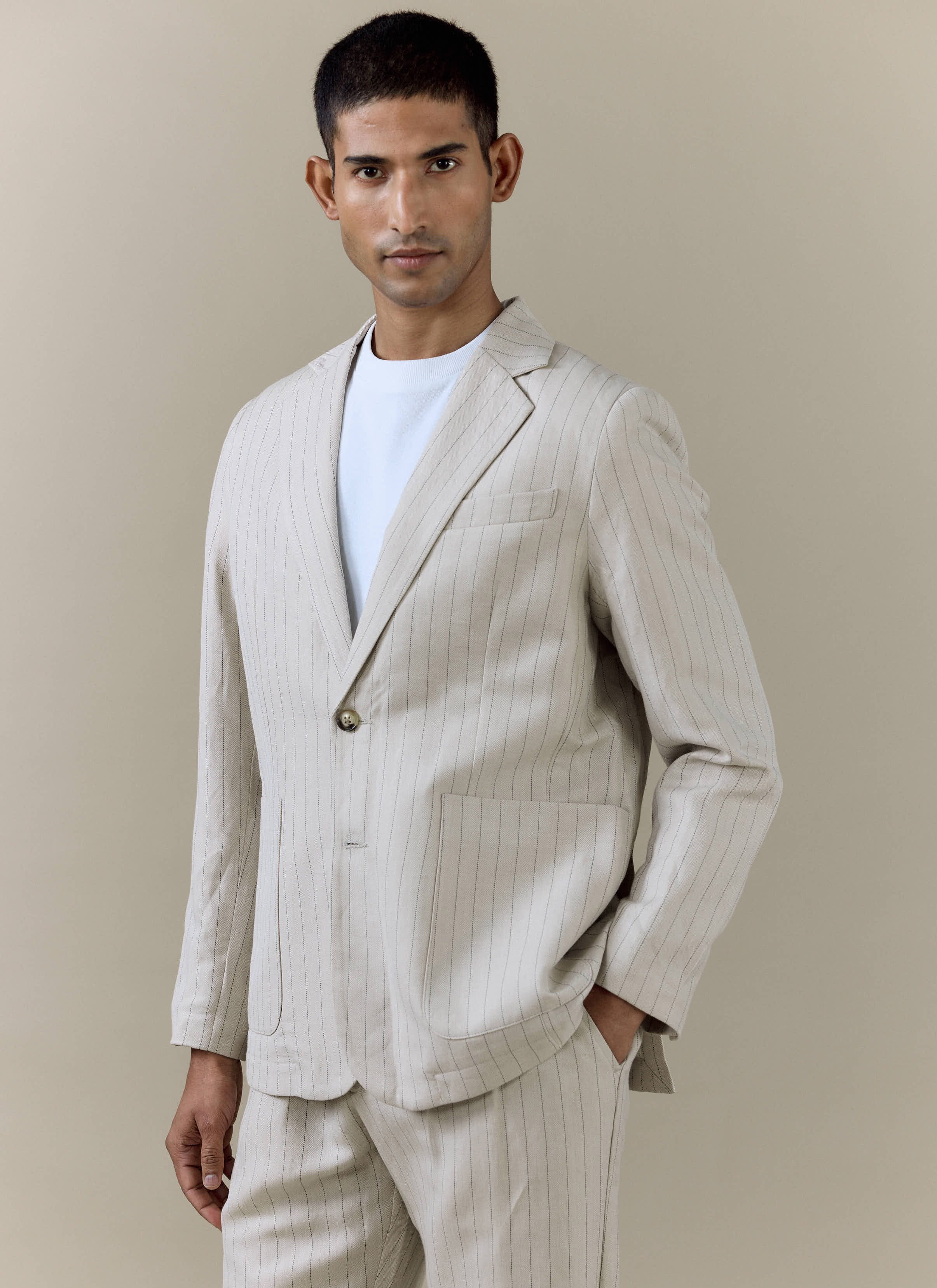 Striped Tailored Blazer | Linen Blend | Cream - Image 7