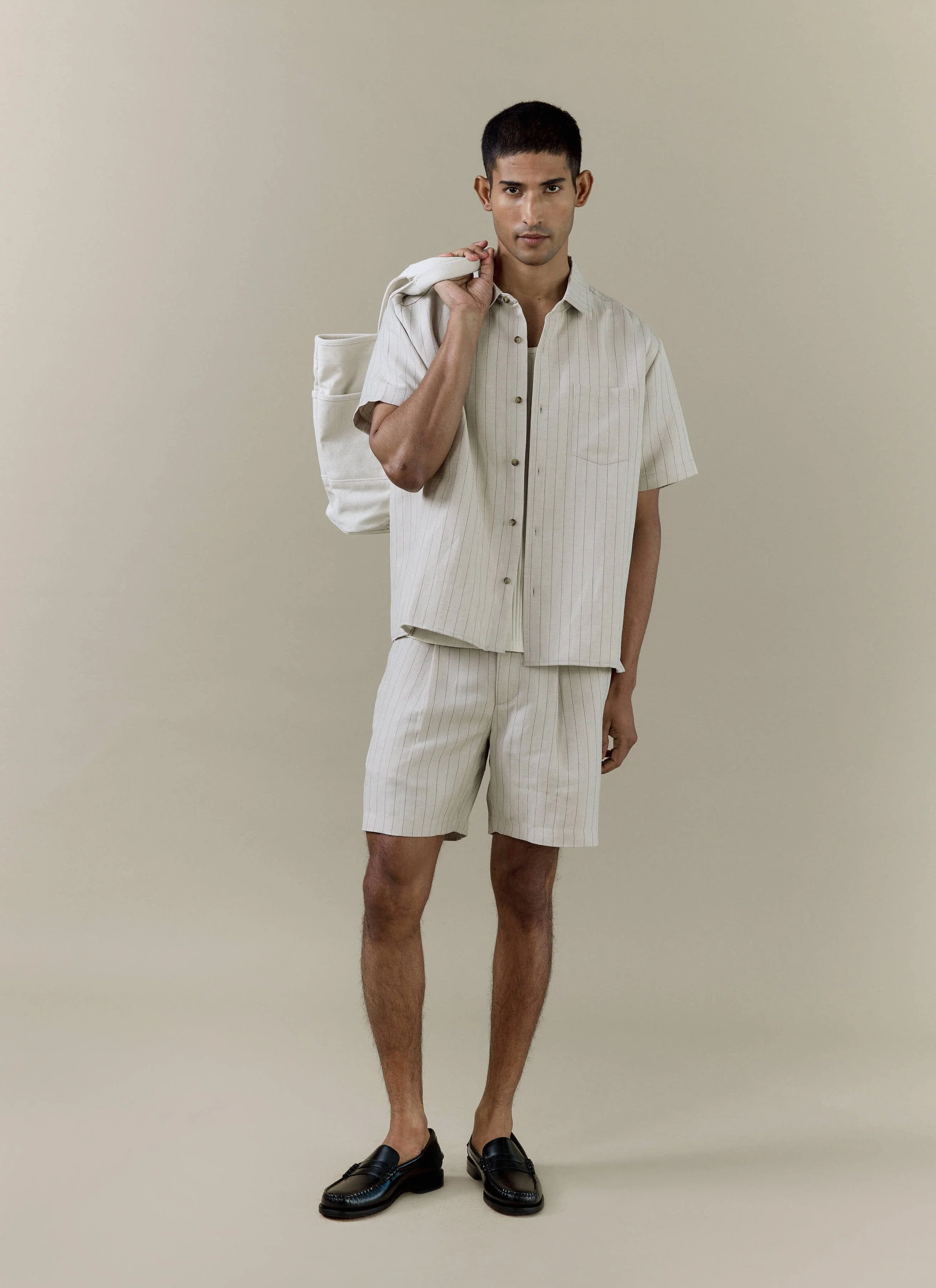 Striped Tailored Shorts | Linen Blend | Cream - Image 3