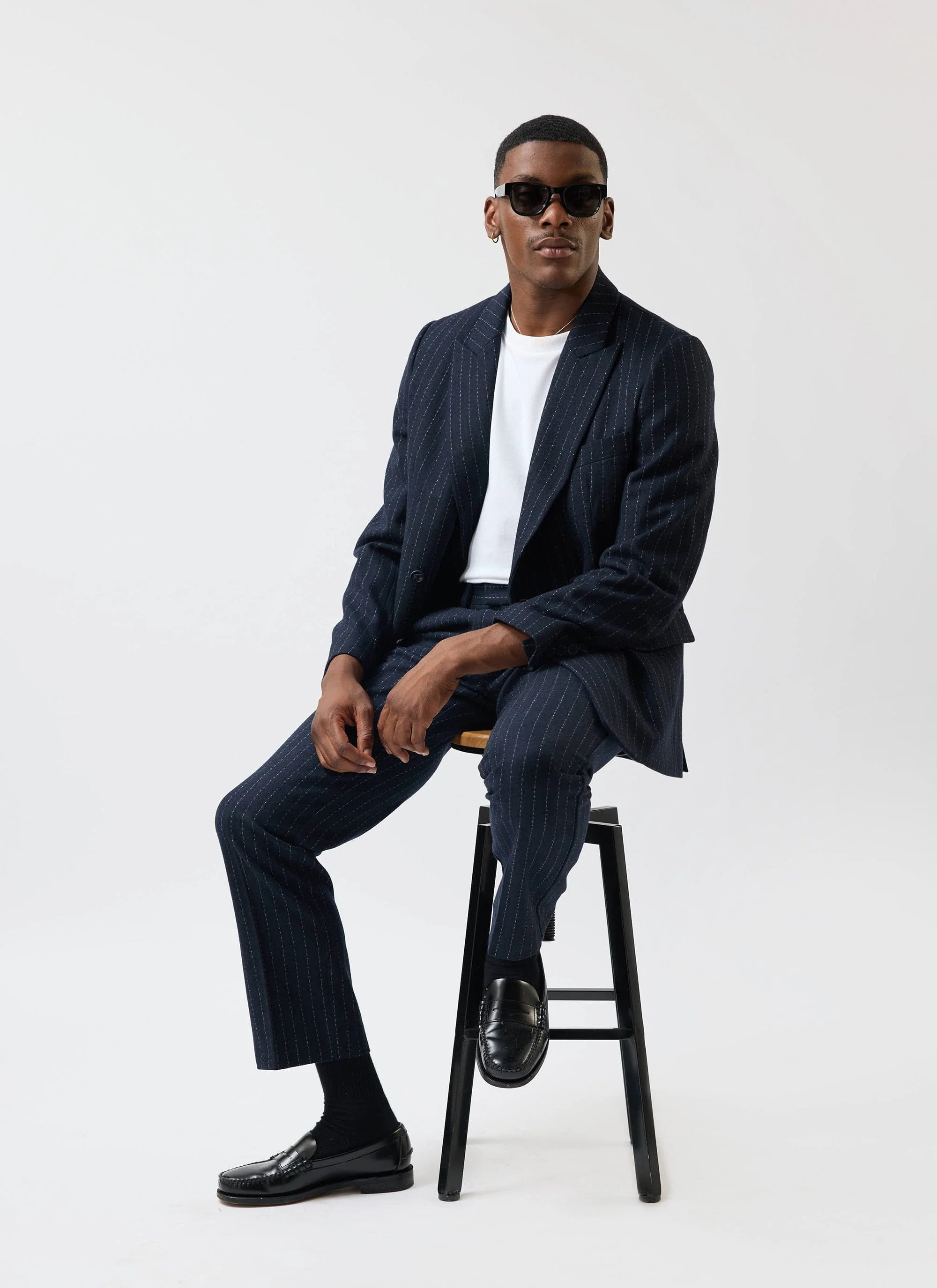 Textured Stripe Double Breasted Blazer | Navy - Image 3