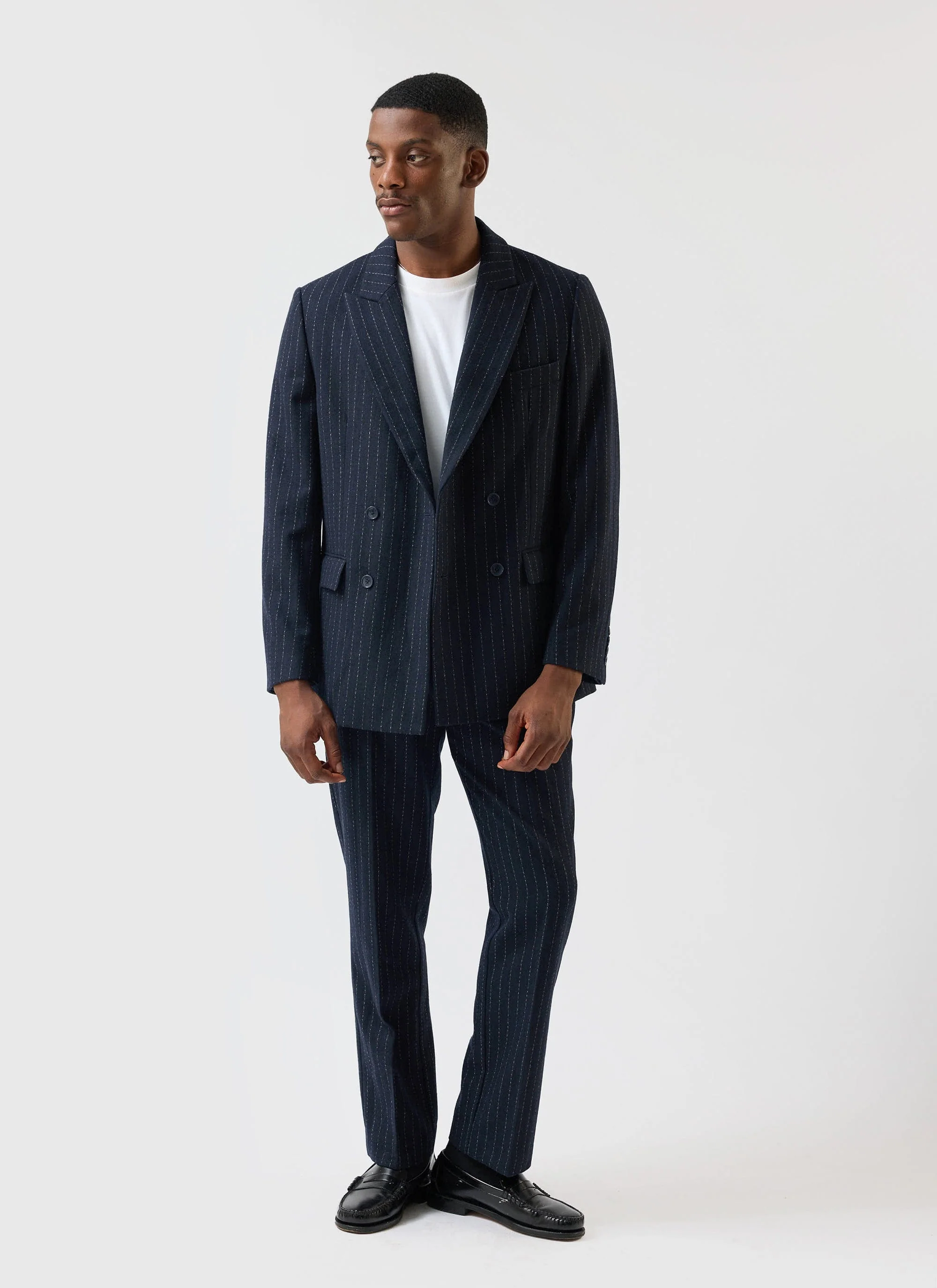 Textured Stripe Double Breasted Blazer | Navy - Image 6