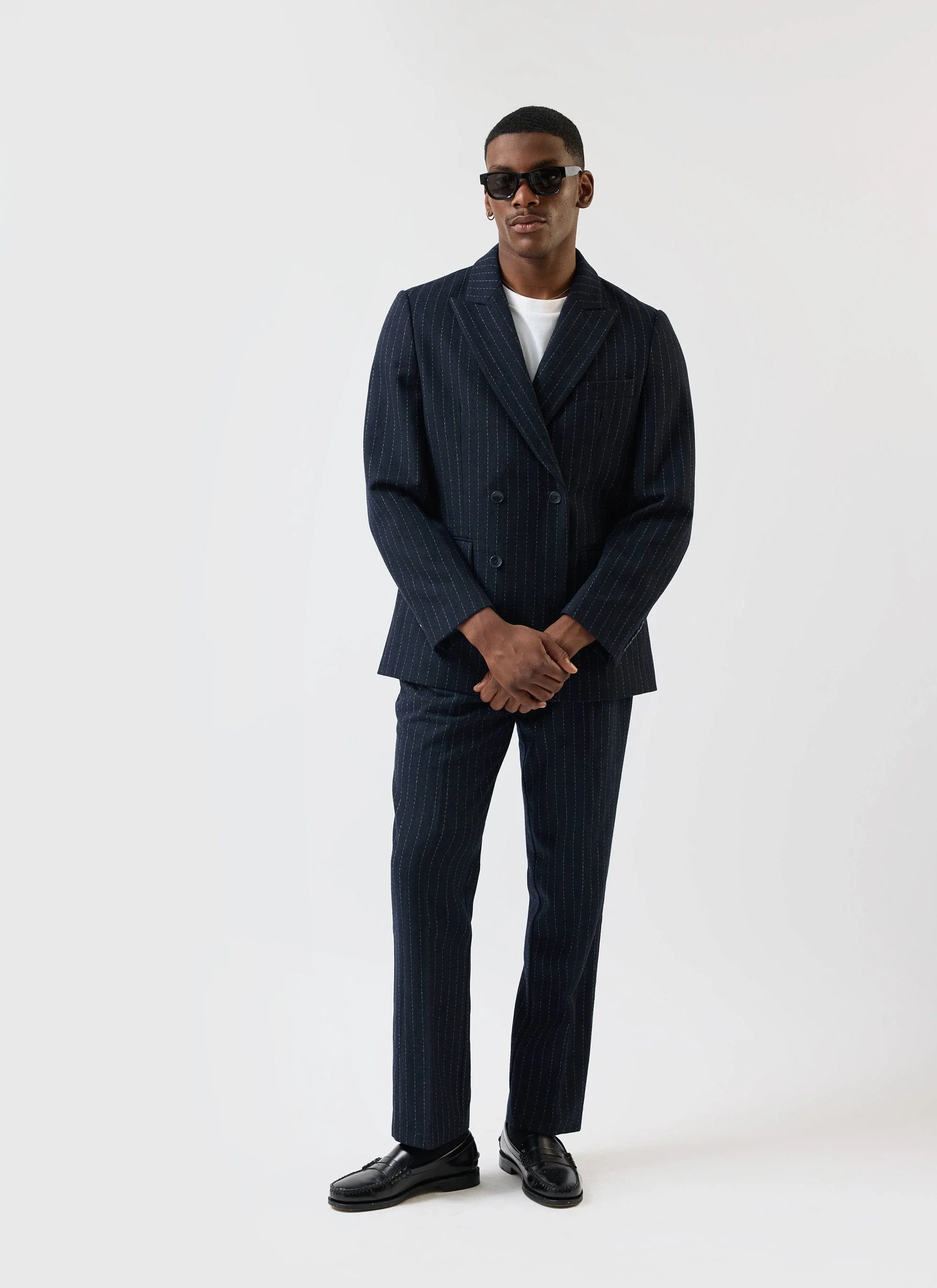Textured Stripe Double Breasted Blazer | Navy - Image 7