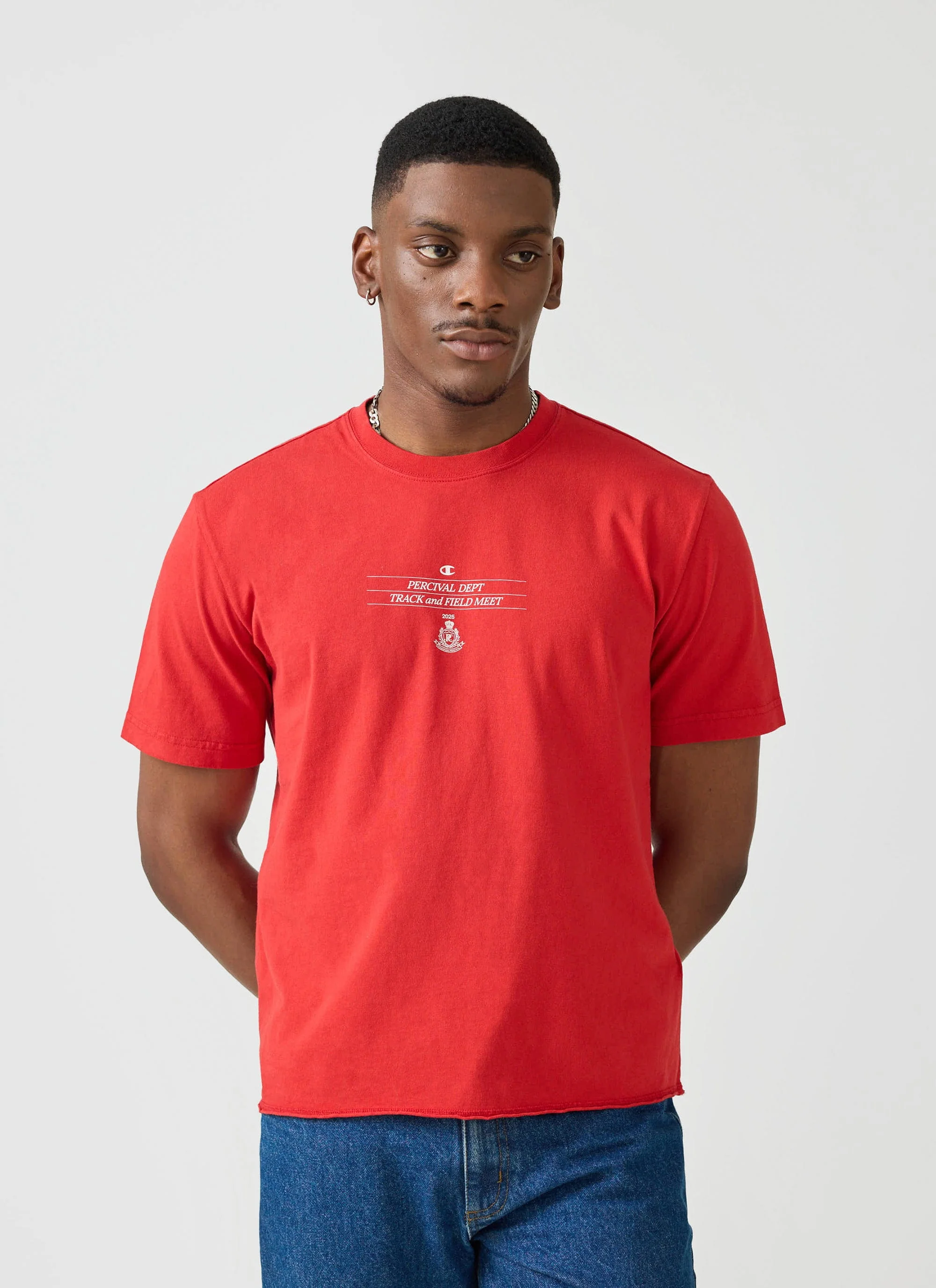 Track and Field Raw Hem T Shirt | Champion x Percival | Red