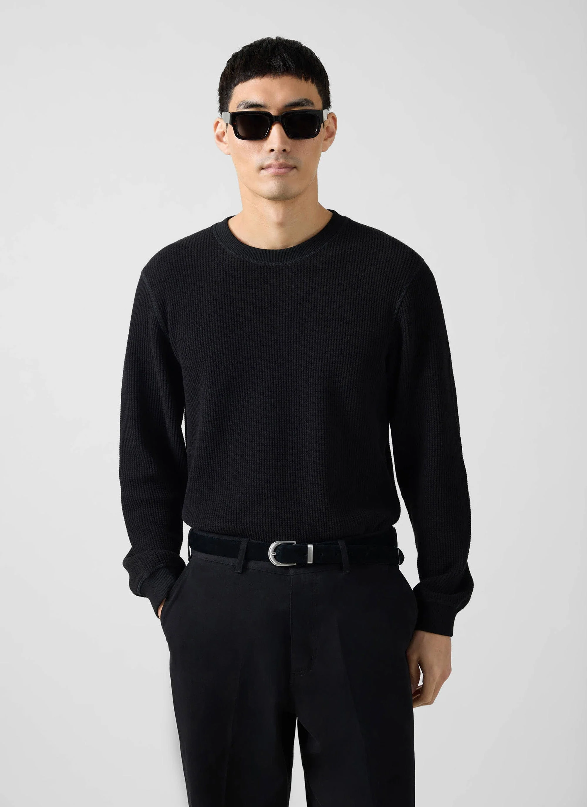 Waffle Long Sleeve T Shirt | Cotton | Black - Image 6